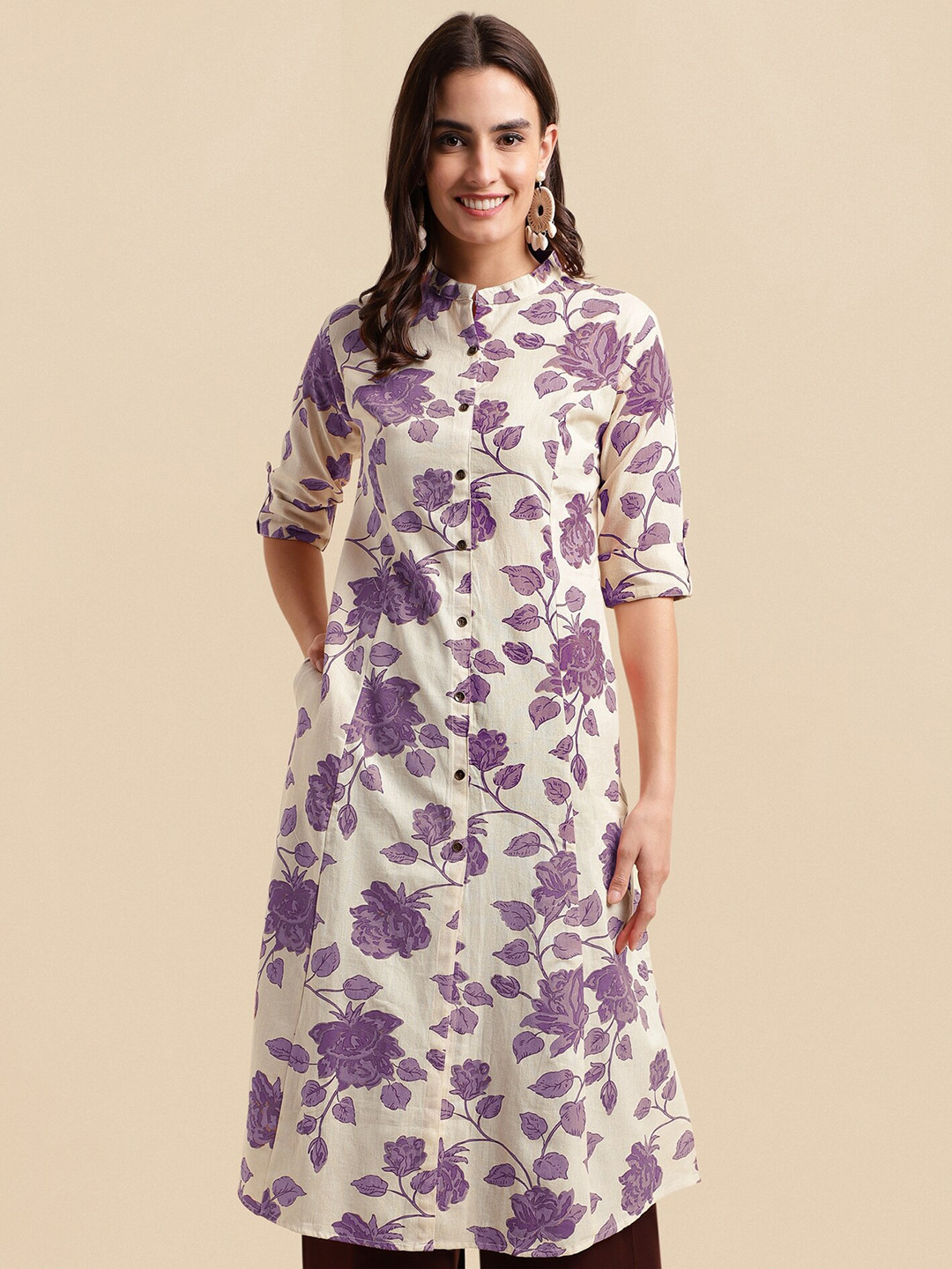 MIRCHI FASHION Cream-Coloured Floral Printed Band Collar Roll Up Sleeves A-line Kurta
