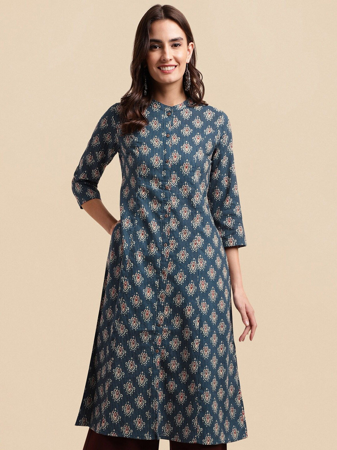 KALINI Navy Blue & Red Ethnic Motids Printed Thread Work Pure Cotton Kurta