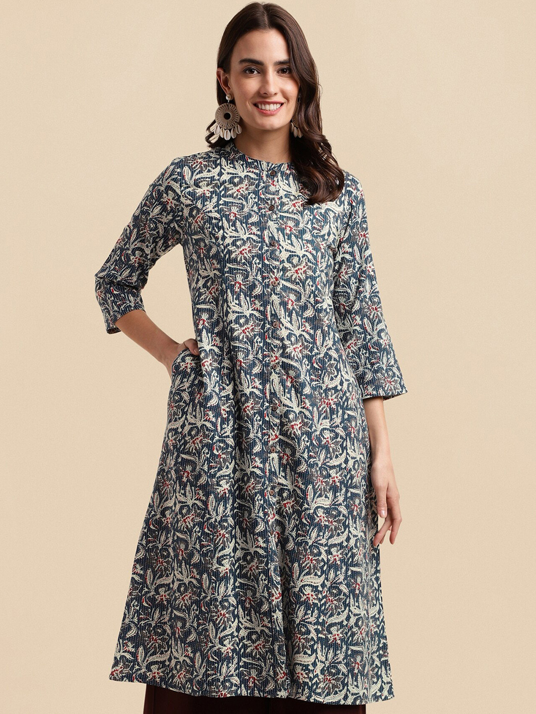 MIRCHI FASHION Navy Blue Floral Printed Thread Work Band Collar A-Line Cotton Kurta