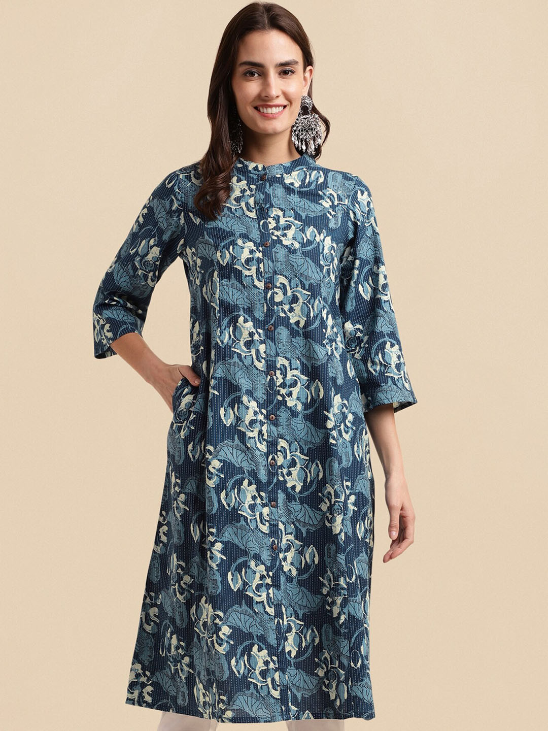 KALINI Blue Floral Printed Thread Work Band Collar A-Line Cotton Kurta