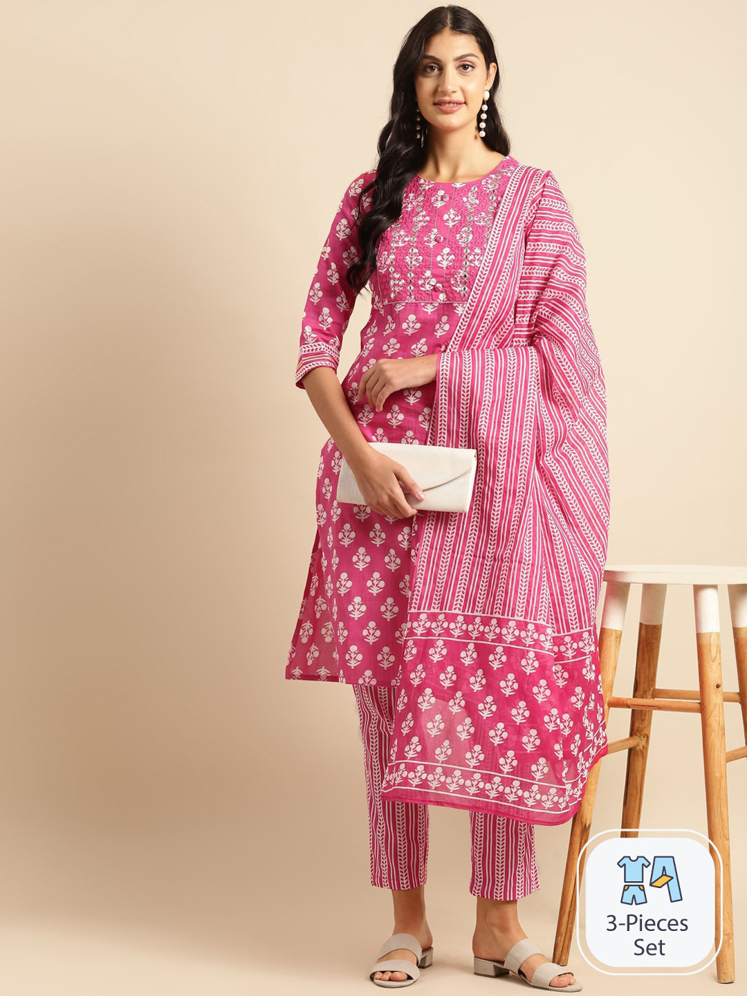 Sangria Pink & White Ethnic Motifs Printed Mirror Work Kurta With Trouser & Dupatta