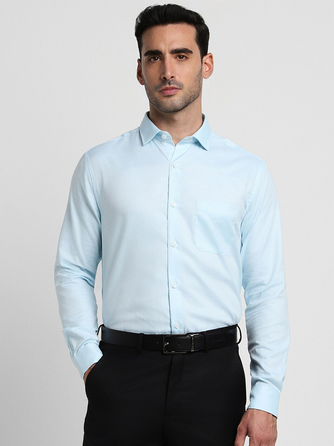 Peter England Elite Textured Self Design Slim Fit Spread Collar Cotton Formal Shirt