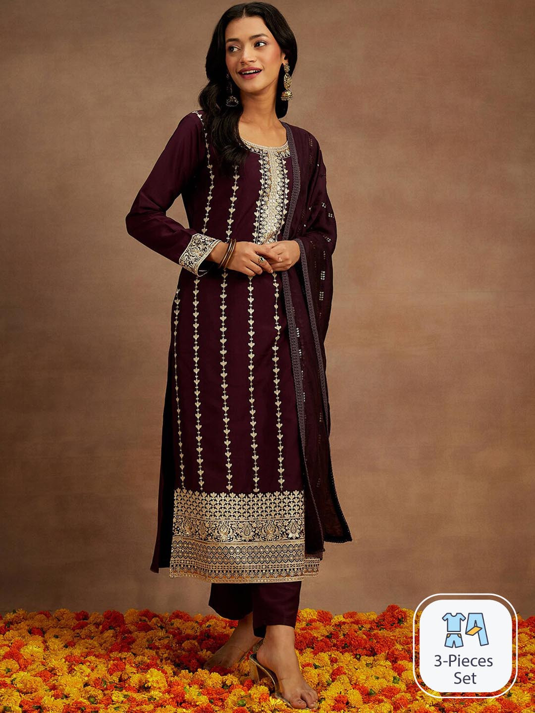 Libas Ethnic Motifs Embroidered Regular Thread Work Pure Silk Kurta Set
