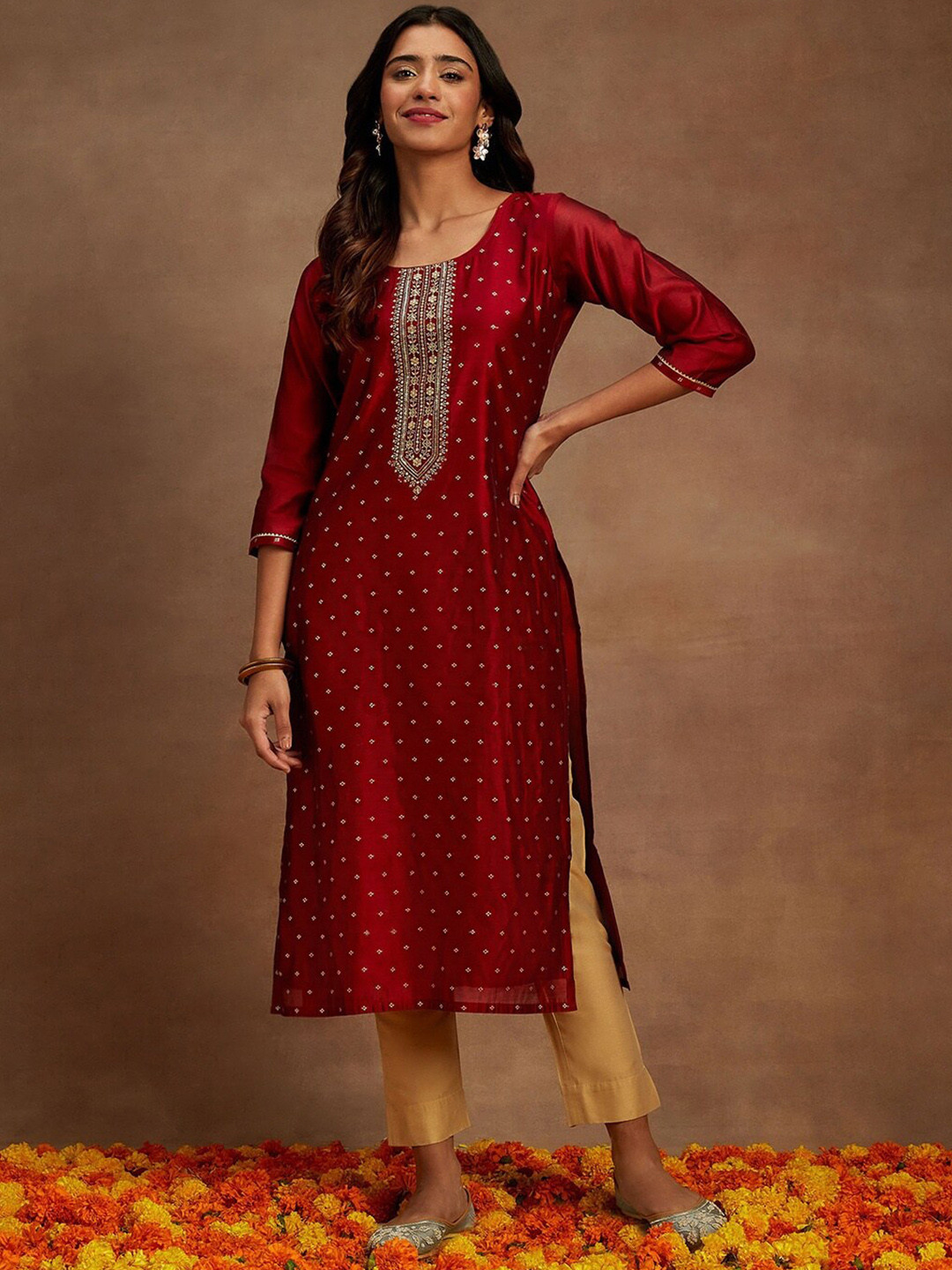 Libas Ethnic Motifs Woven Design Thread Work Detail Chanderi Silk Straight Kurta