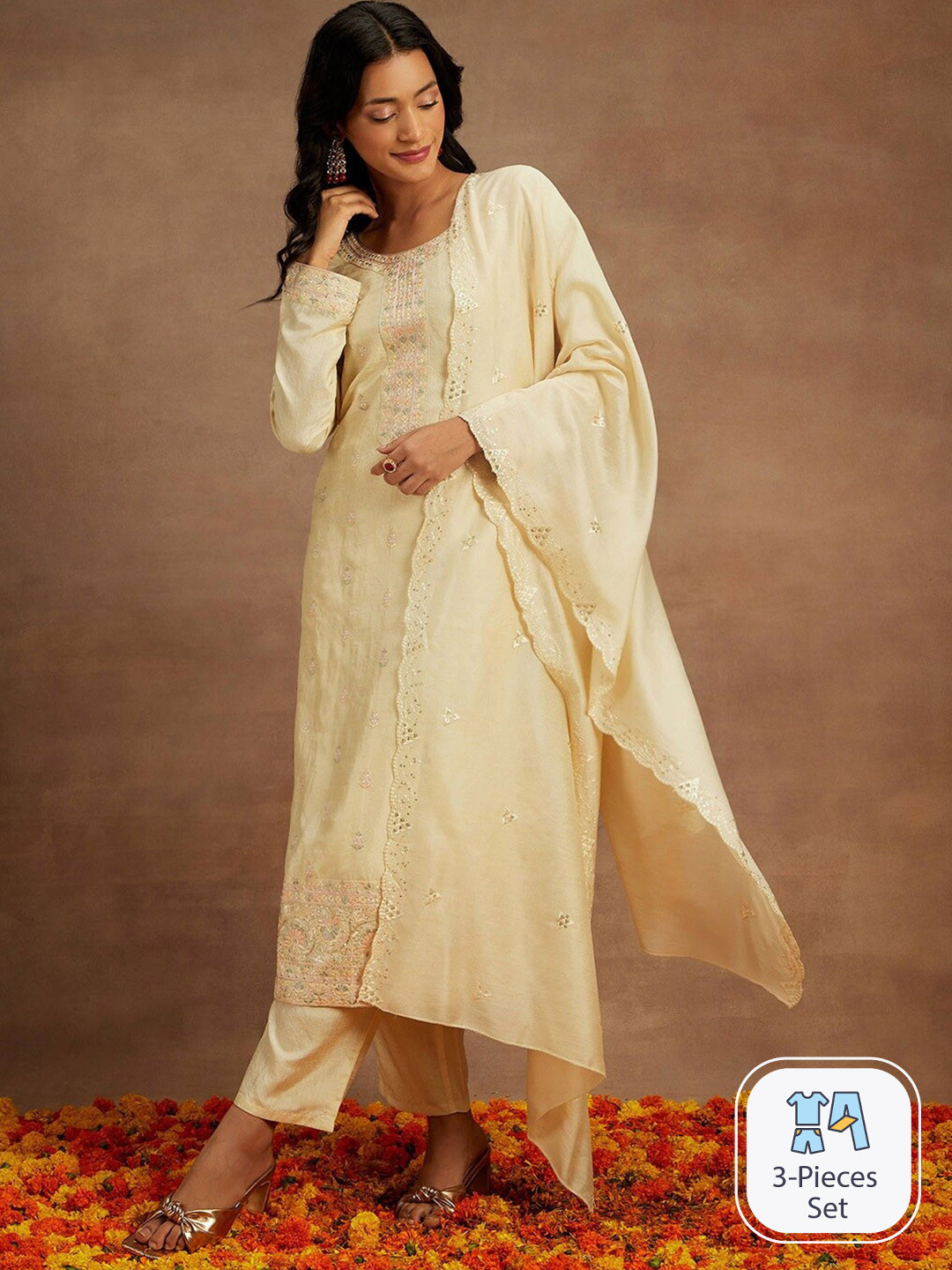 Libas Yellow Floral Embroidered Regular Pure Silk Kurta & Trousers With Dupatta