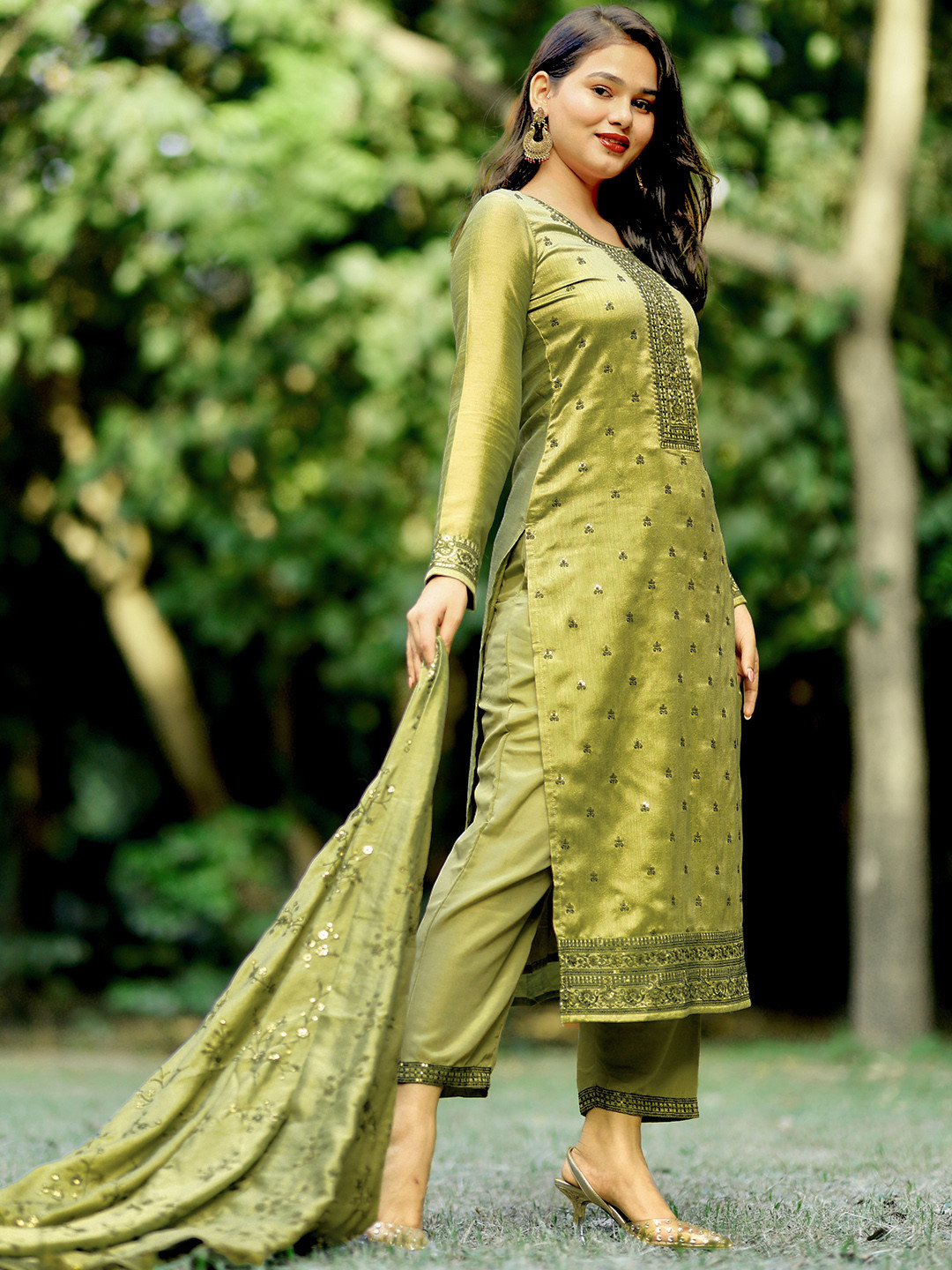 Libas Green Embroidered Sequinned Kurta with Trousers & With Dupatta