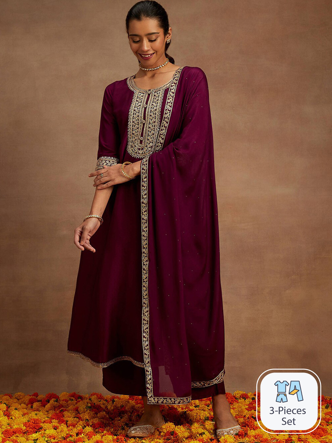 Libas Purple Floral Yoke Design Regular Kurta with Palazzos & With Dupatta
