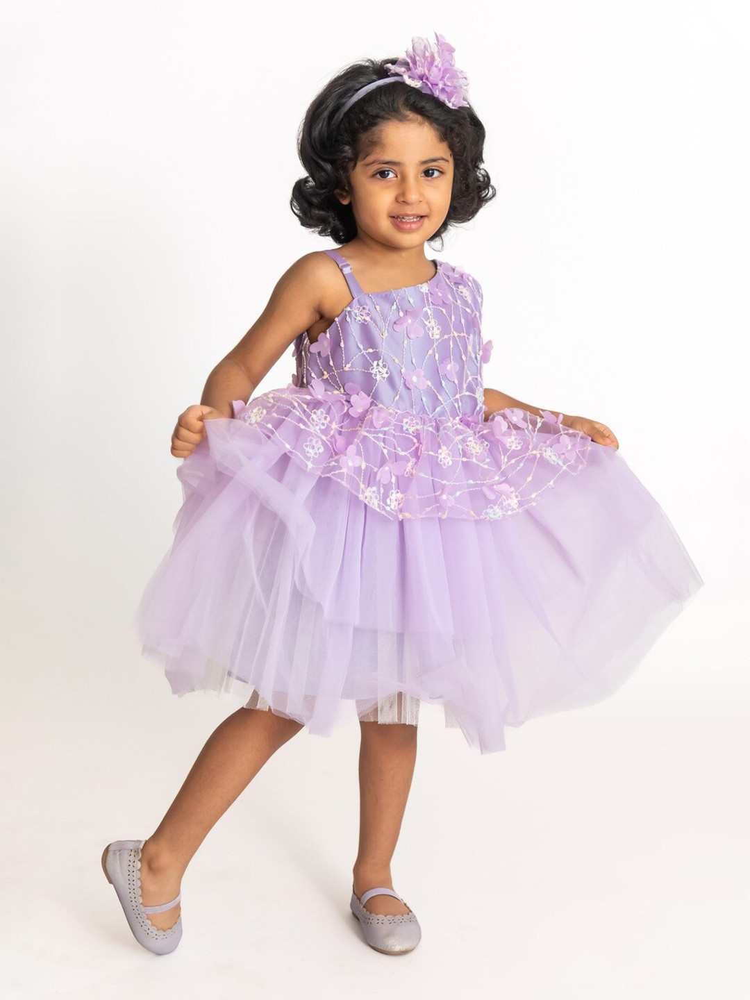 A Little Fable Girls One Shoulder Corsage Detail Layered Fit & Flare Dress