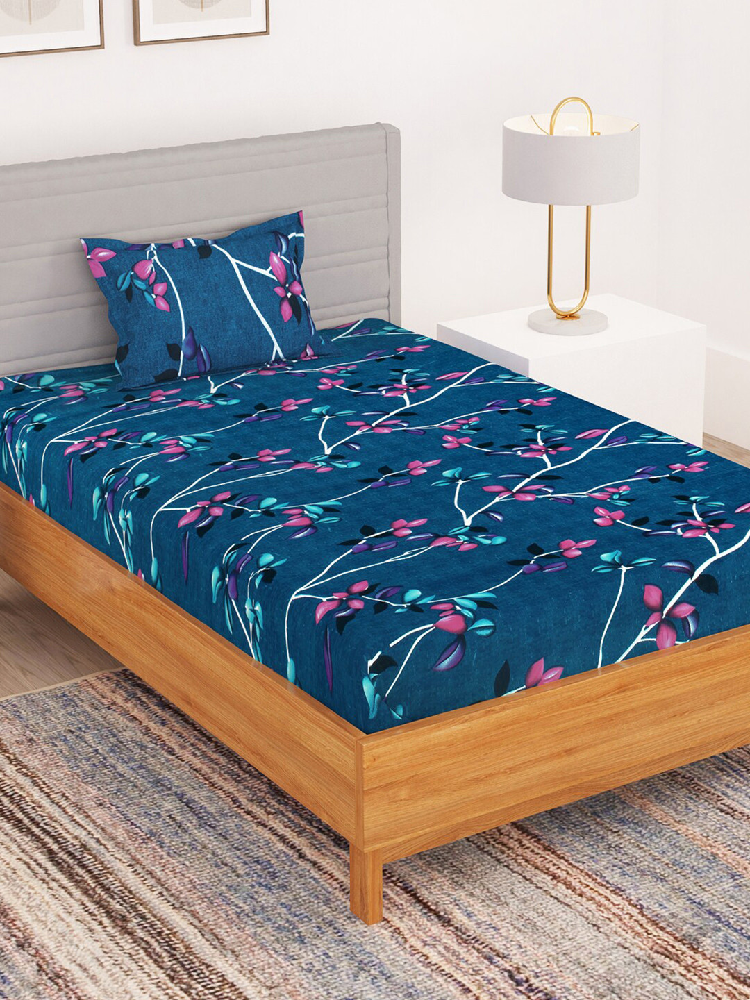 Bedspun Navy Blue Floral Microfiber 180 TC Single Fine Bedsheet with a Pillow Cover-57 x 87 inches