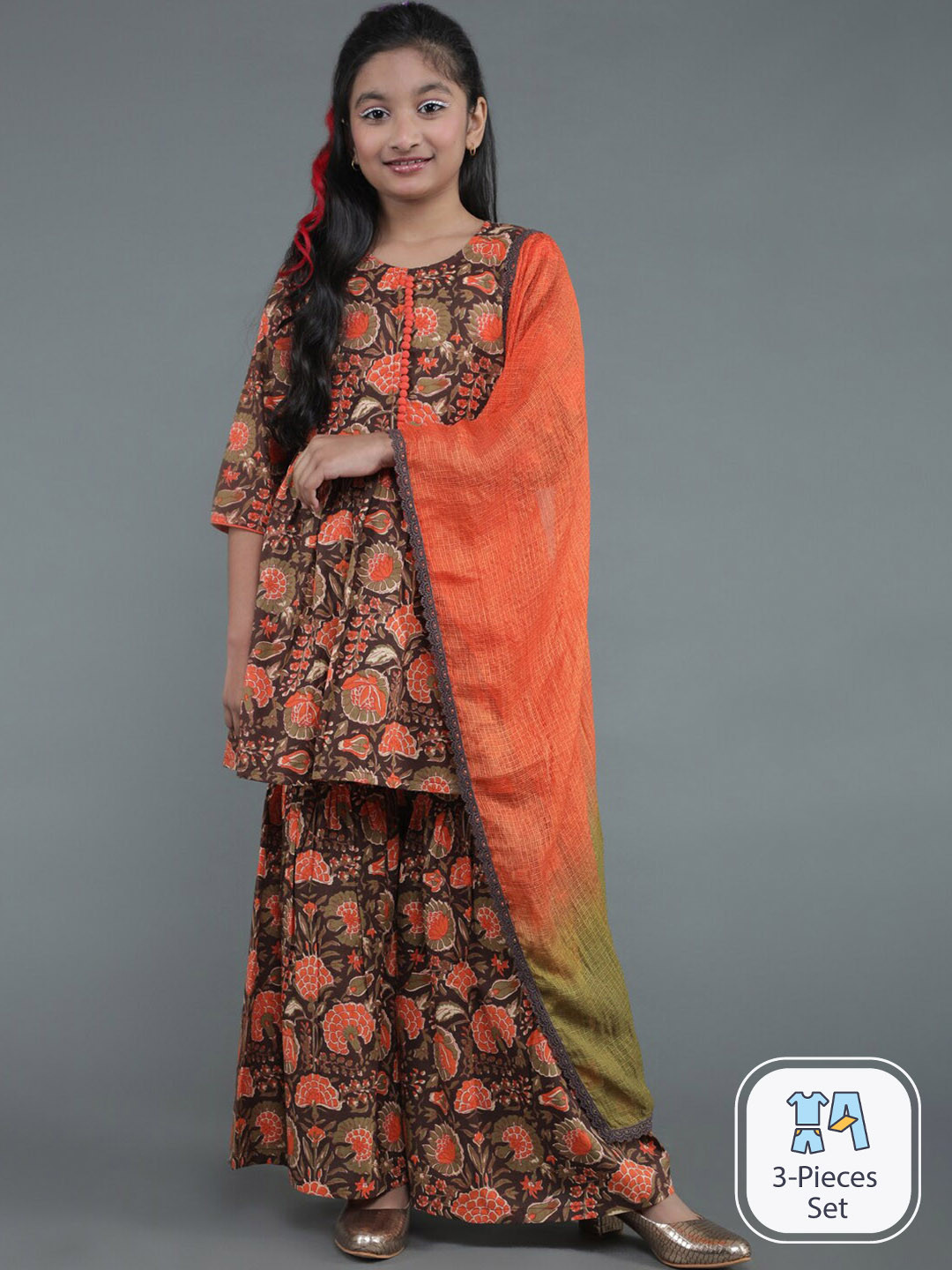 Aks Kids Girls Floral Printed Regular Pure Cotton A-Line Kurta & Sharara With Dupatta