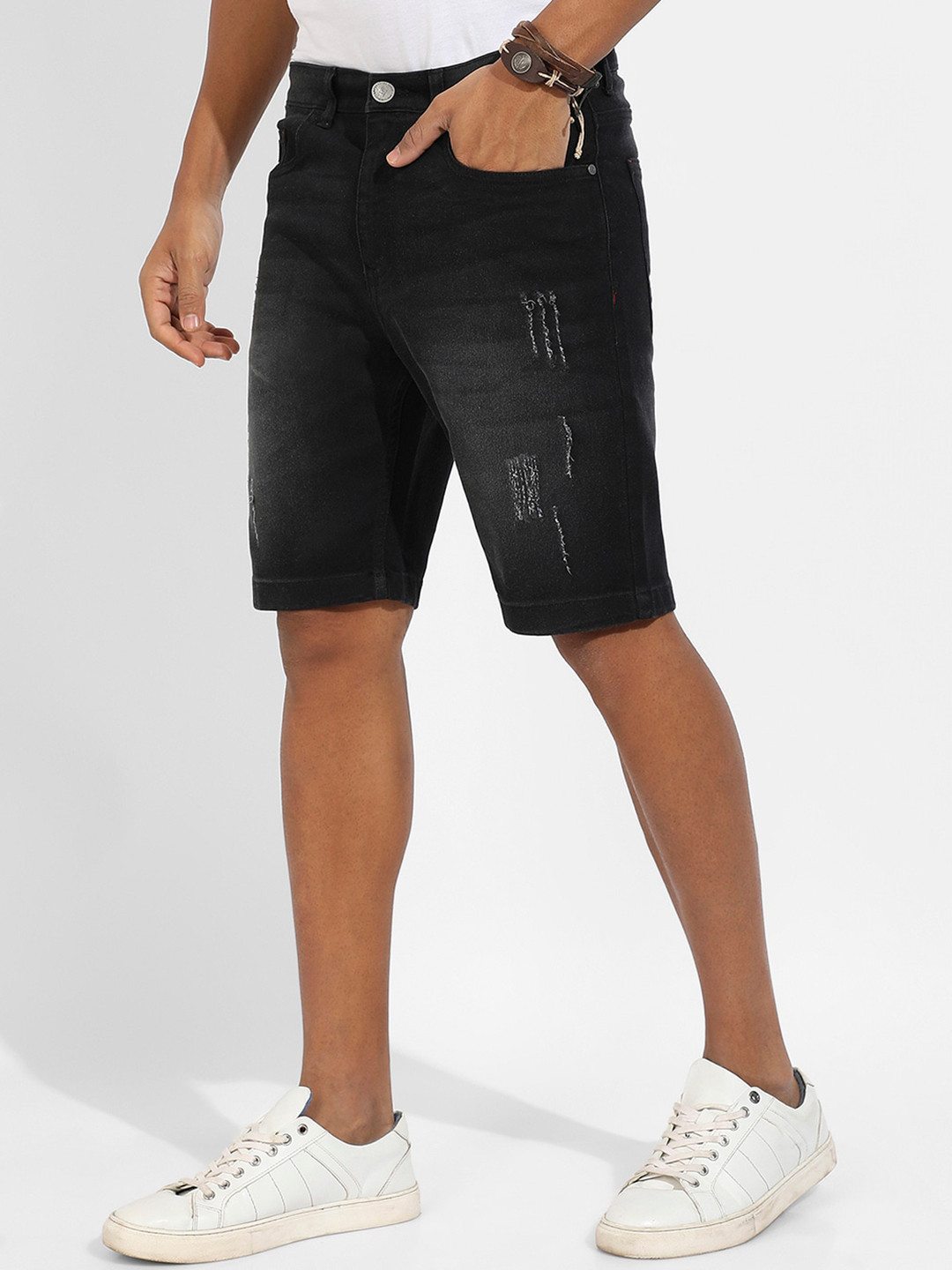 Campus Sutra Black Washed Scratched Outdoor Mid-Rise Denim Shorts