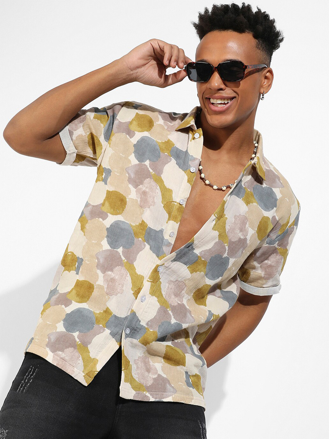 CAHOOT Cream Classic Abstract Printed Cotton Casual Shirt