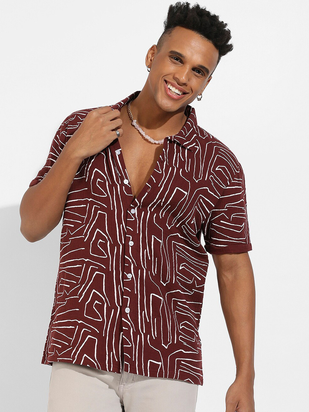 CAHOOT Maroon Classic Abstract Printed Cotton Casual Shirt