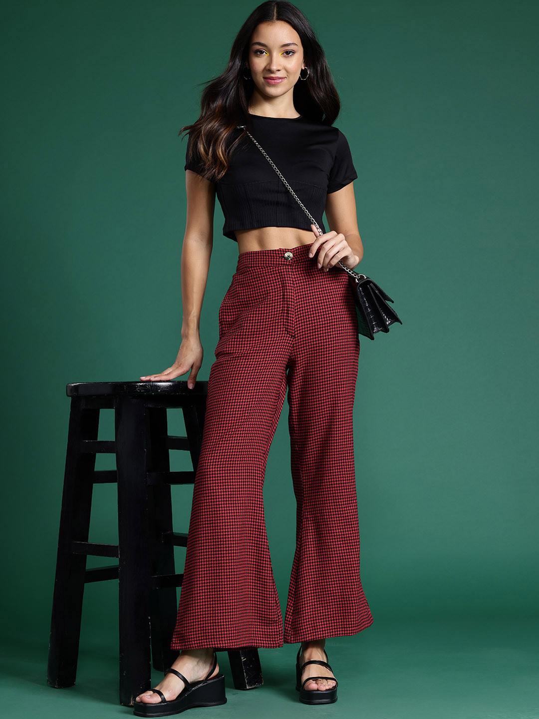 DressBerry Bizwear Women Cotton Houndstooth Wide Leg Trousers