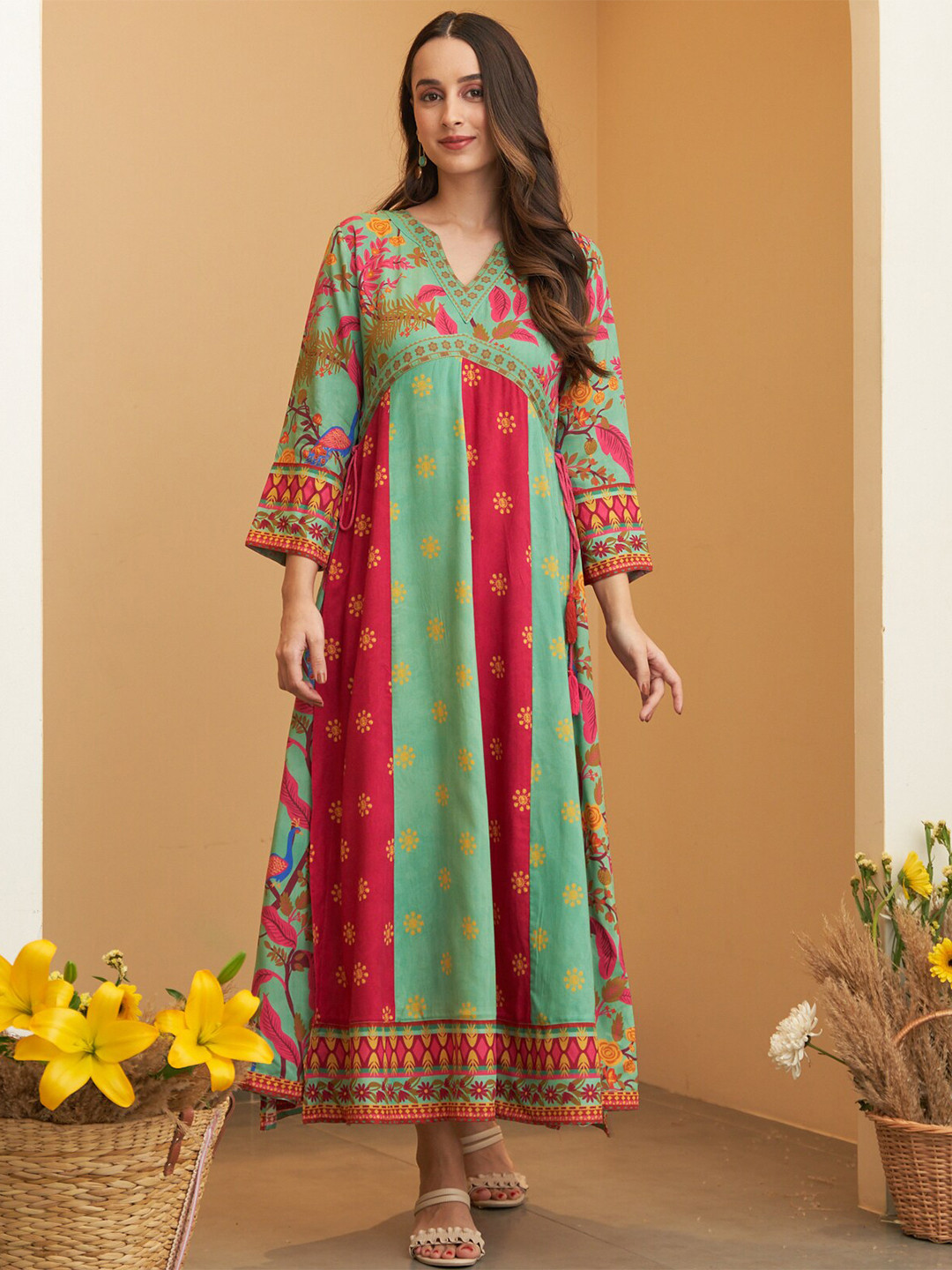 Rustorange Floral Print V-Neck Empire Midi Dress