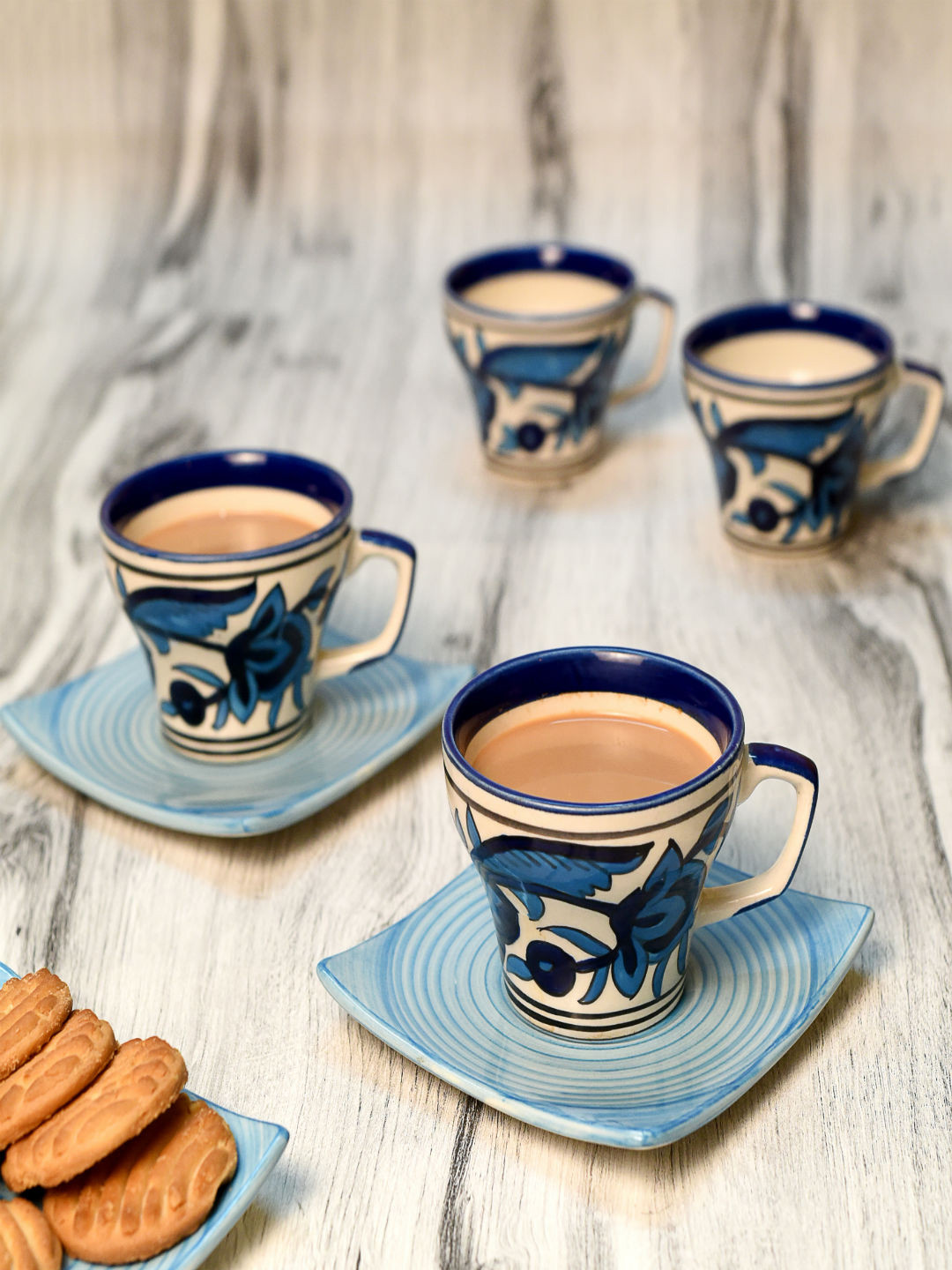 Unravel India Blue 6-Pieces Printed Stoneware Cups and Saucers Set