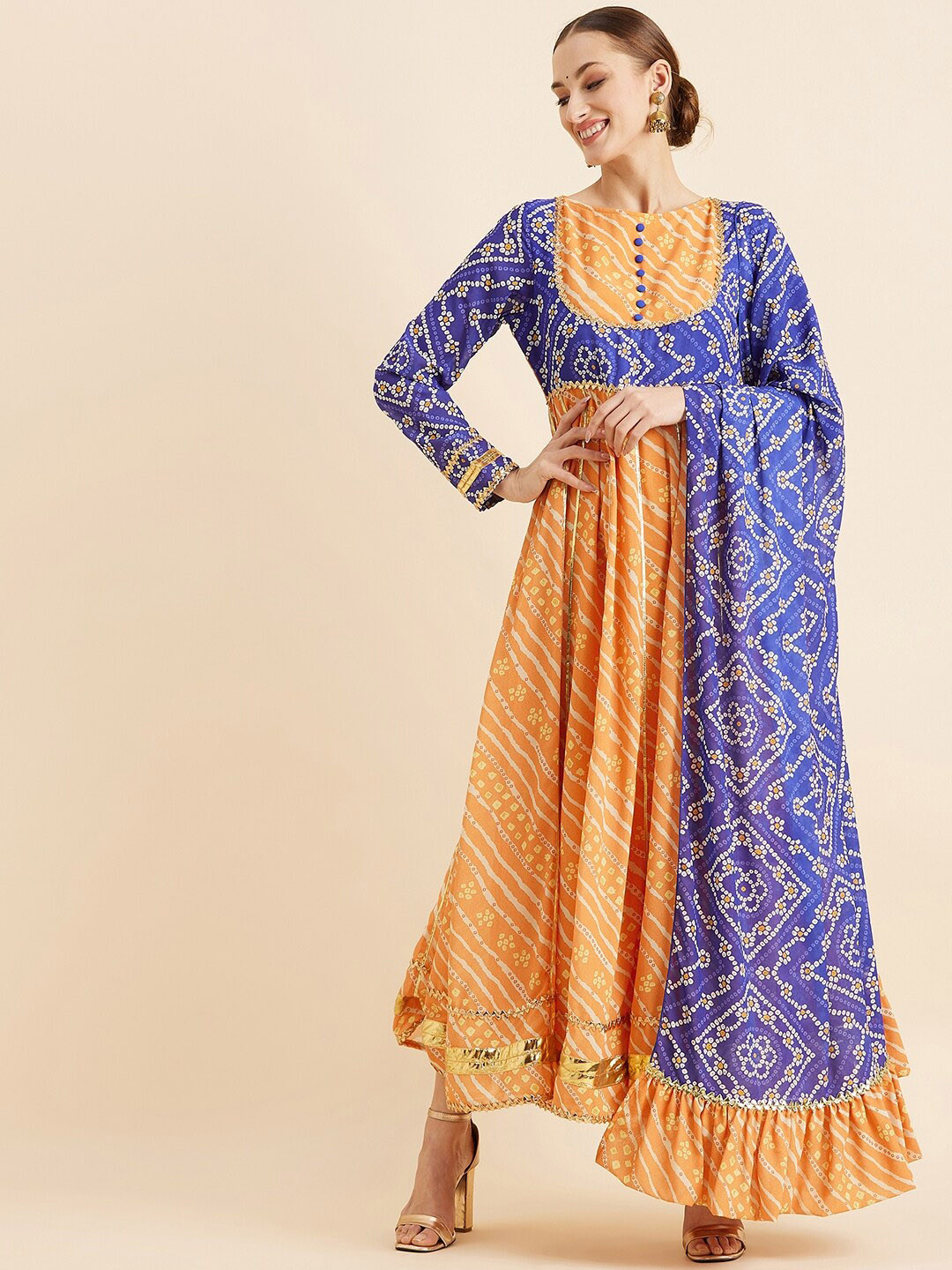 PANIT Yellow & Blue Bandhani Printed Kurta With Dupatta