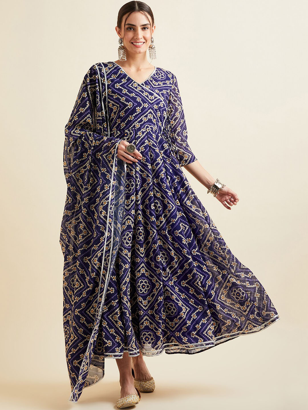 PANIT Bandhani Printed Georgette Angrakha Ethnic Dress With Dupatta