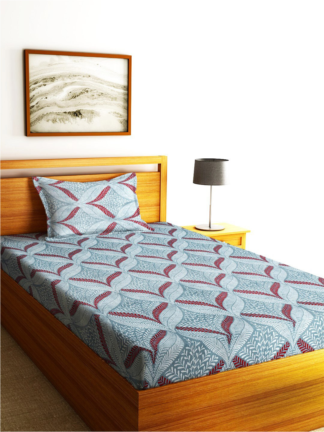 Home Sizzler Blue &Red Ethnic Motifs Microfibre 210TC Single 1 Bedsheet With 1Pillow Cover