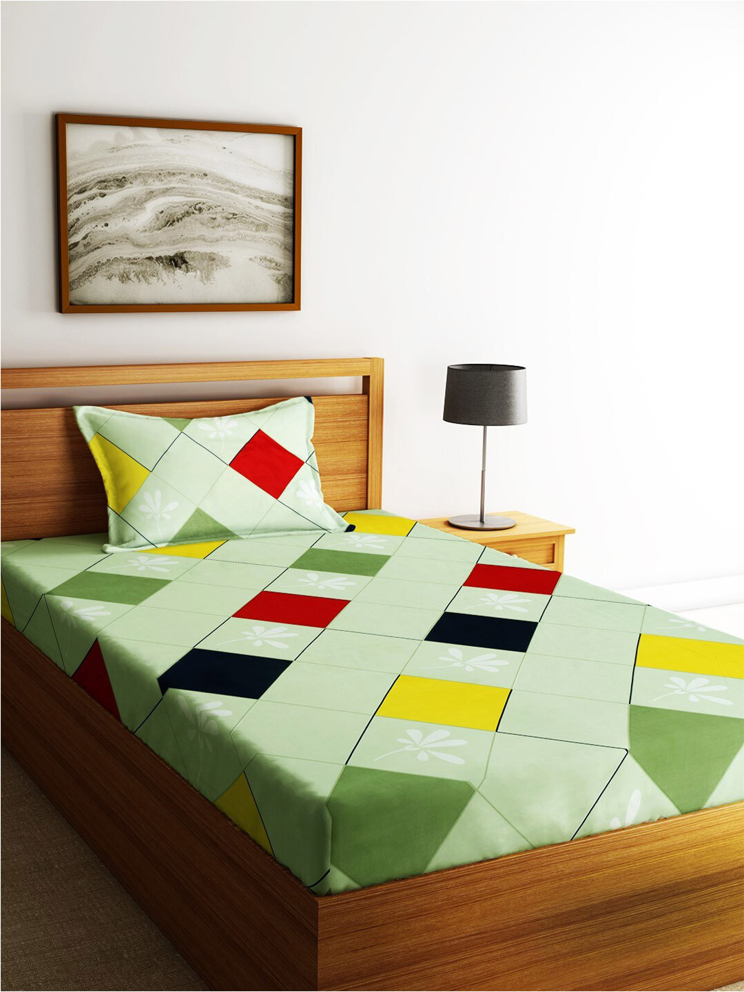 Home Sizzler Lime Green & Blue Geometric Cotton 210TC Single 1 Bedsheet & 1 Pillow Cover