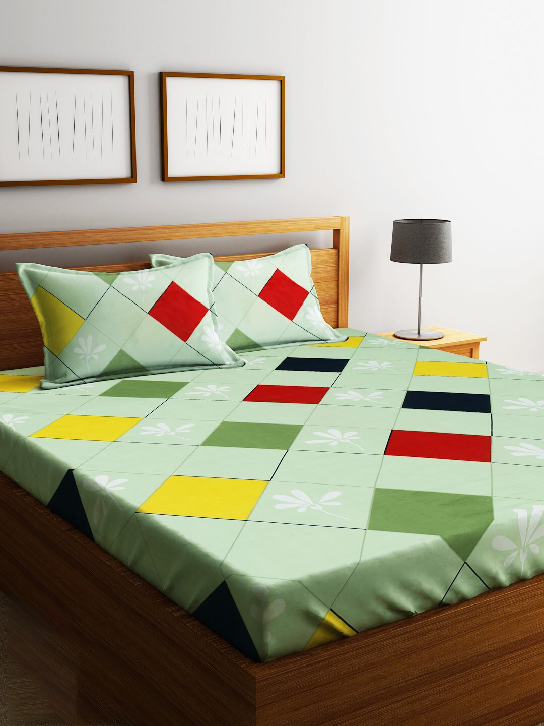 Home Sizzler Lime Green Geometric Cotton 210 TC Fitted King Fine Bedsheet with 2 Pillow Covers-100 x 108 inches
