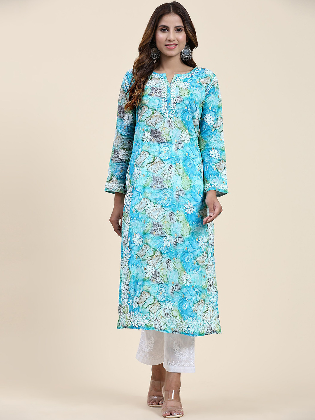 HOUSE OF KARI Blue Ethnic Motifs Printed Chikankari Cotton Kurta