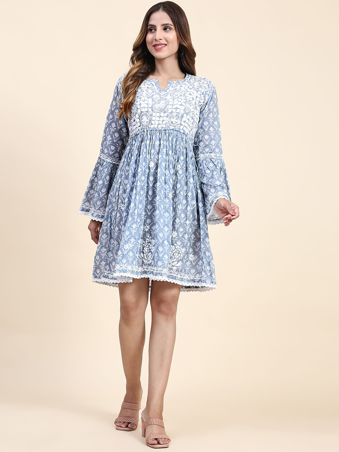 HOUSE OF KARI Floral Printed Bell Sleeves Embroidered Cotton Fit & Flare Mini Dress