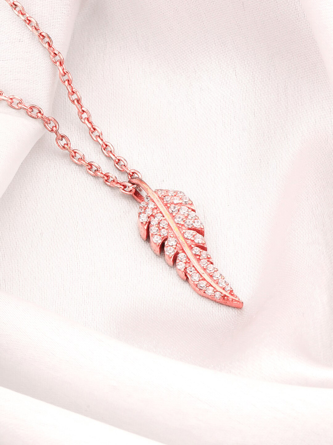 GIVA 925 Sterling Silver Rose Gold-Plated CZ-Studded Leaf Charm Pendant With Chain
