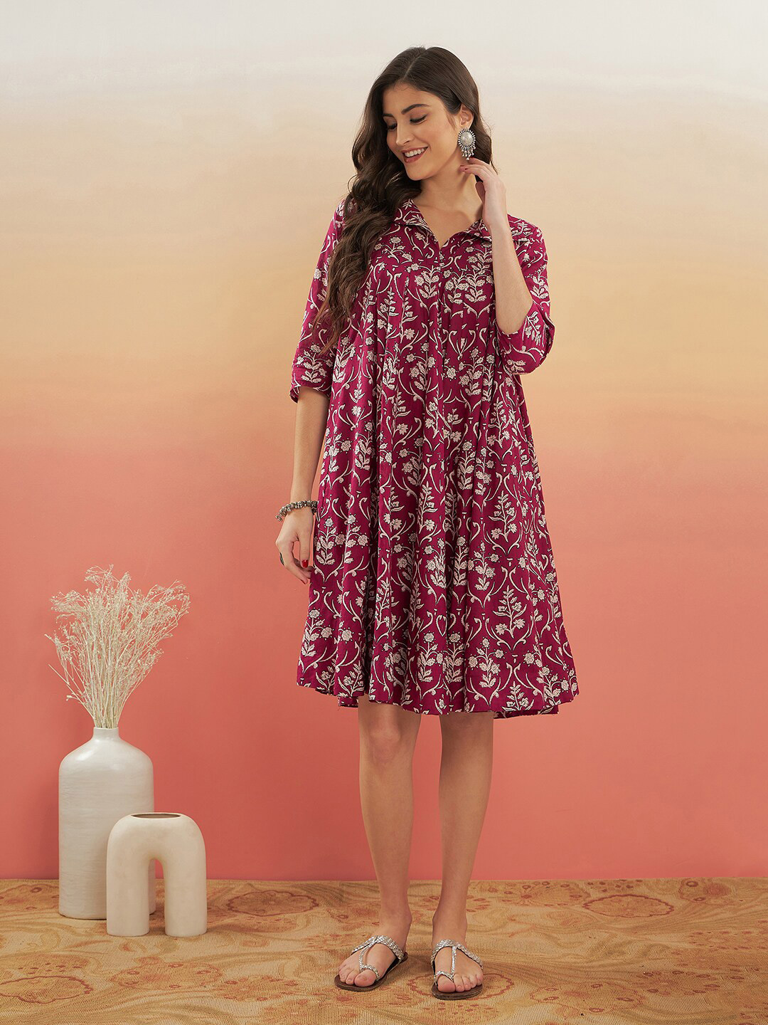 InWeave Purple & Cream Floral Printed Shirt Collar A-Line Dress