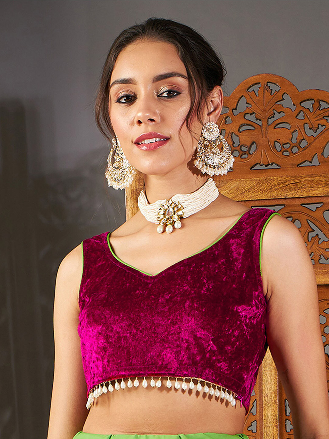 Shae by SASSAFRAS Fuchsia V-Neck Sleeveless Fringed Velvet Crop Top