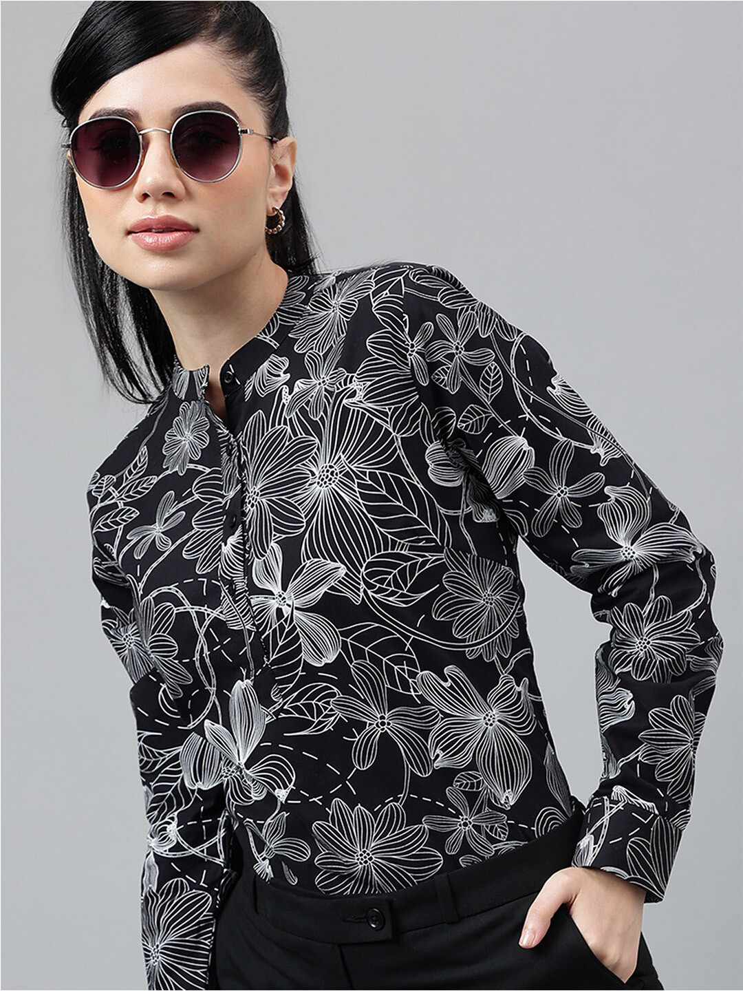 Hancock Black Floral Printed Mandarin Collar Long Sleeves Pure Cotton Fit Formal Top