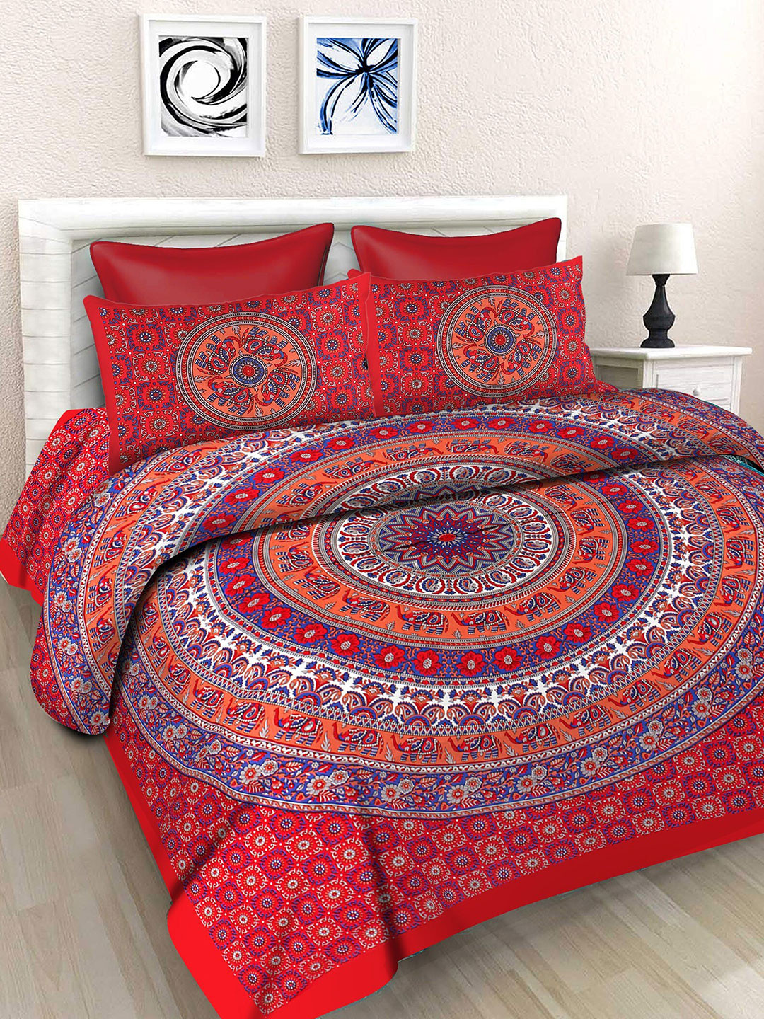 SheetKart Jaipuri Red Ethnic Motifs Cotton 144 TC Queen Bedsheet with 2 Pillow Covers-87 x 94 inches