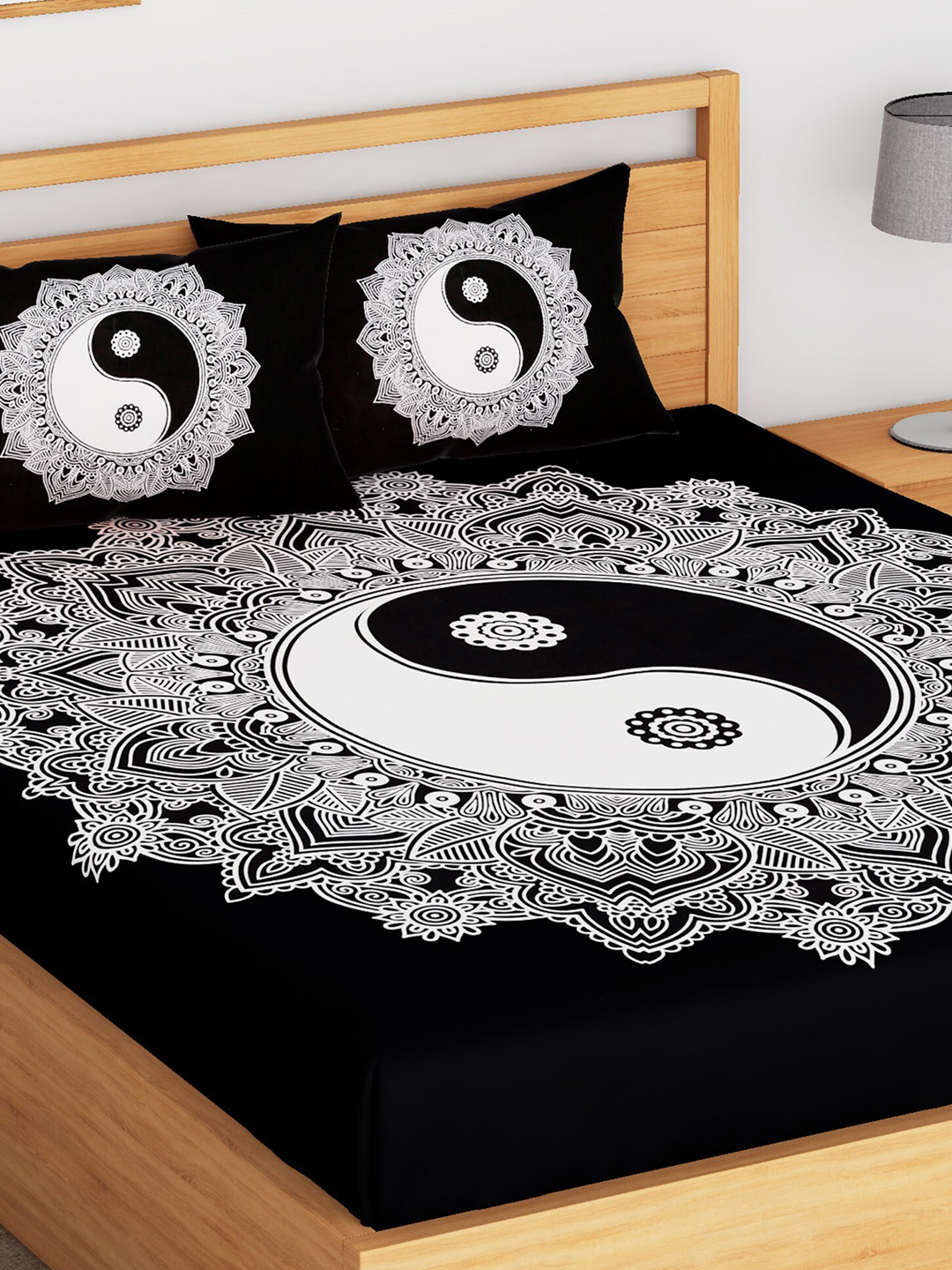 SheetKart Black Ethnic Motifs Pure Cotton 144 TC Queen Bedsheet with 2 Pillow Covers-87 x 94 inches