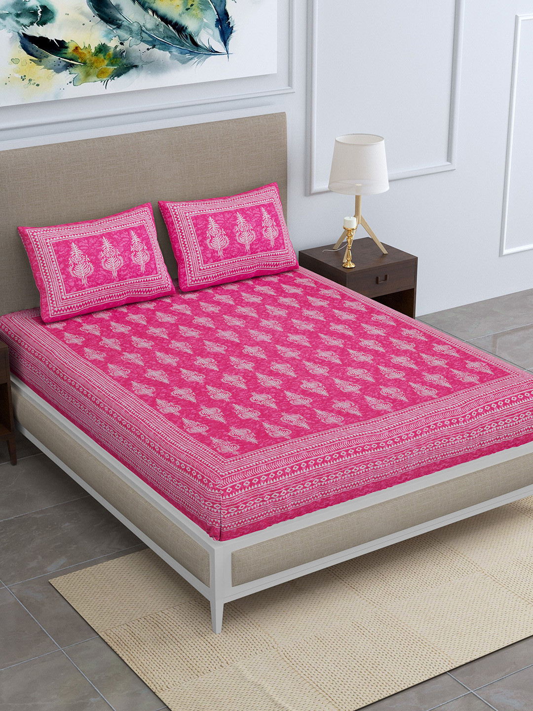 SheetKart Pink & White Ethnic Motifs Pure Cotton 144 TC Queen Bedsheet & 2 Pillow Covers