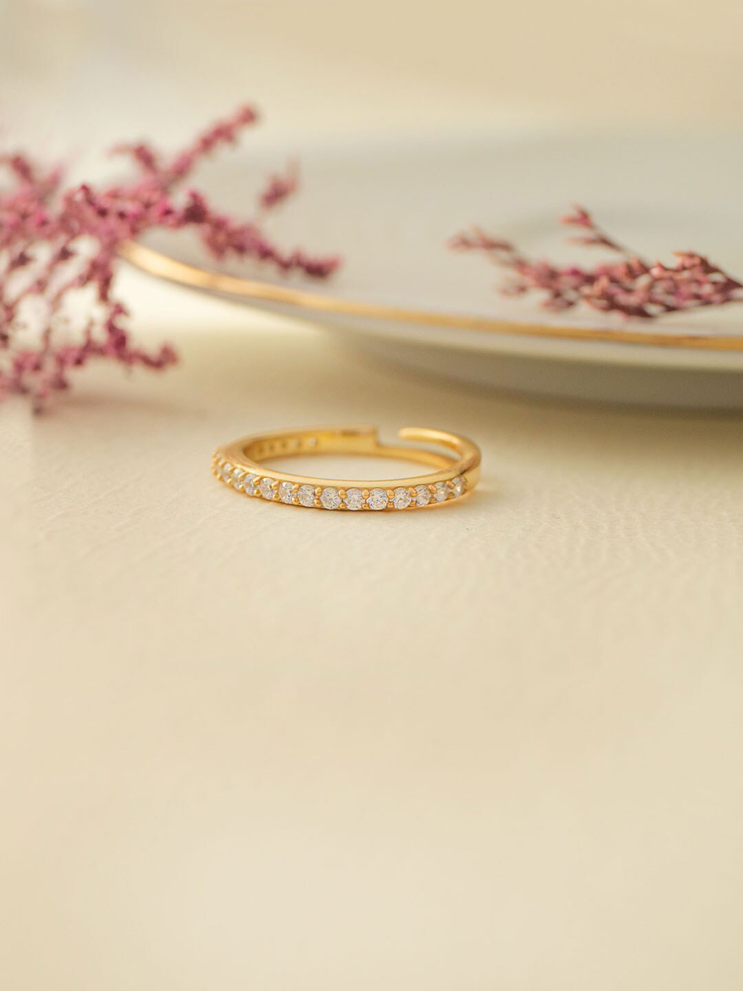 MANNASH Gold-Plated CZ Studded Adjustable Finger Ring