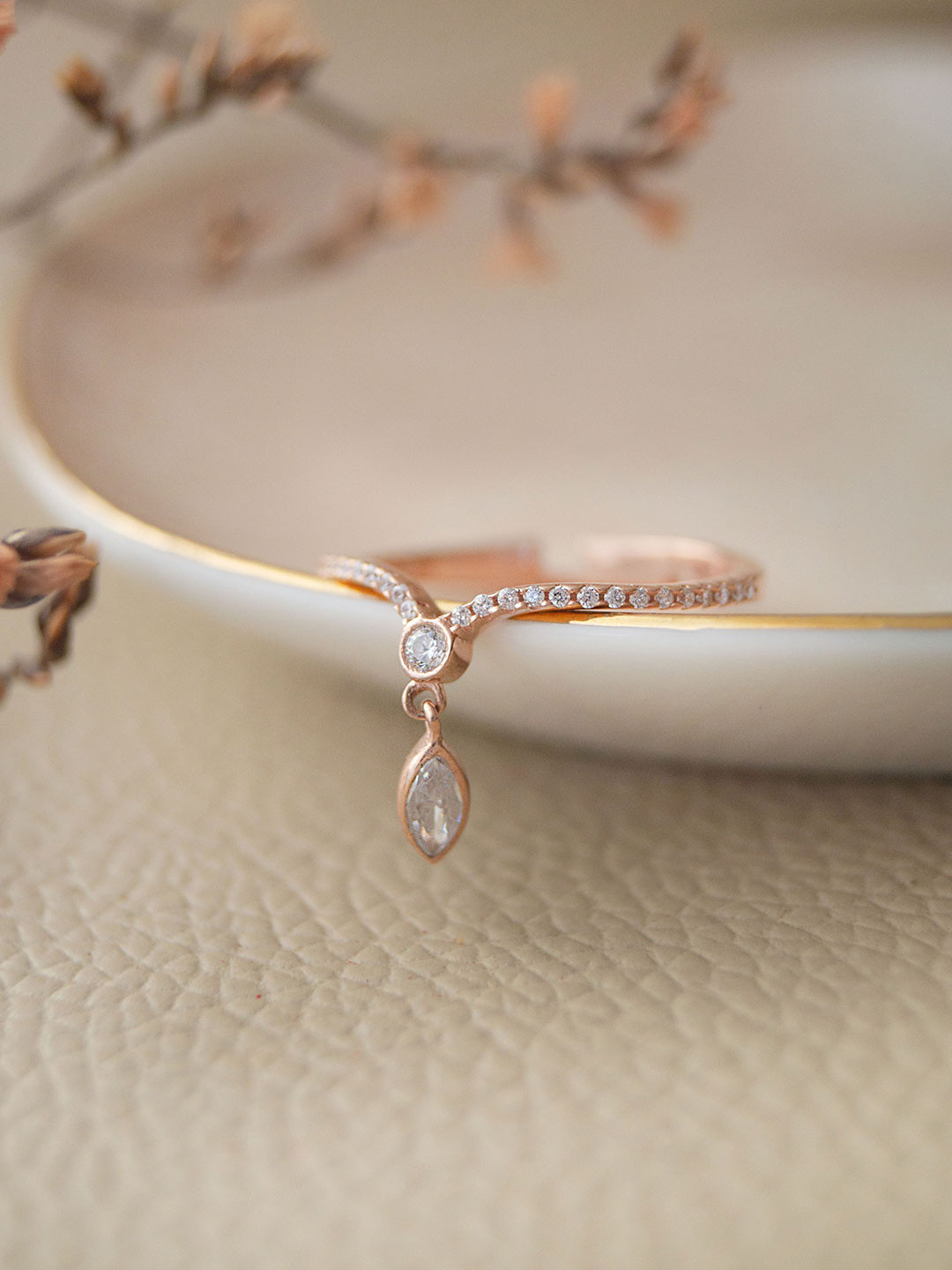 MANNASH Rose Gold-Plated CZ Studded Sterling Silver Adjustable Finger Ring