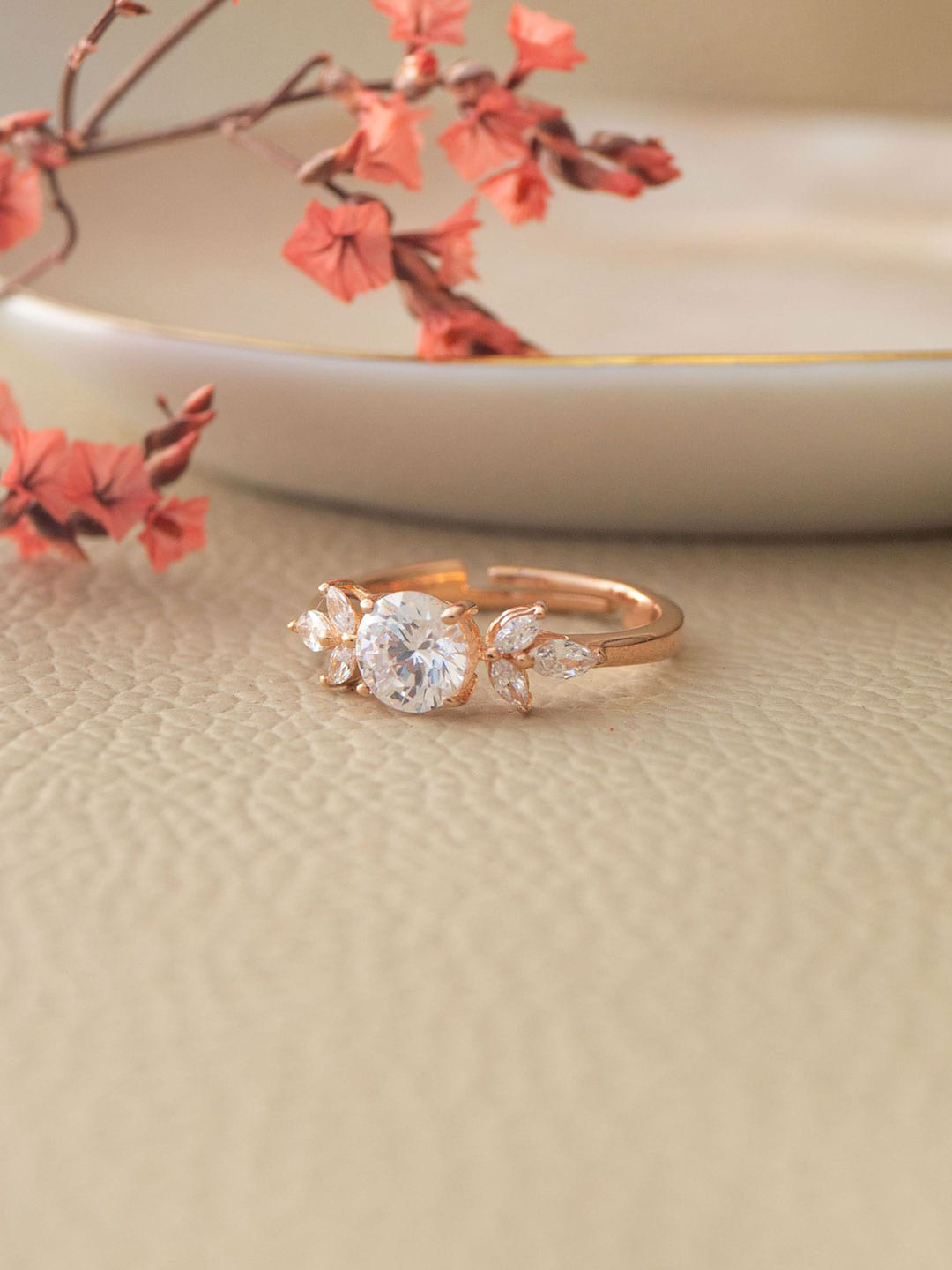MANNASH 925 Sterling Silver Rose Gold-Plated CZ-Studded Adjustable Finger Ring