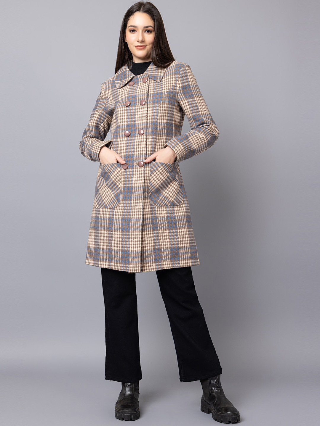Dlanxa Checked Double Breasted Wool Pea Coat
