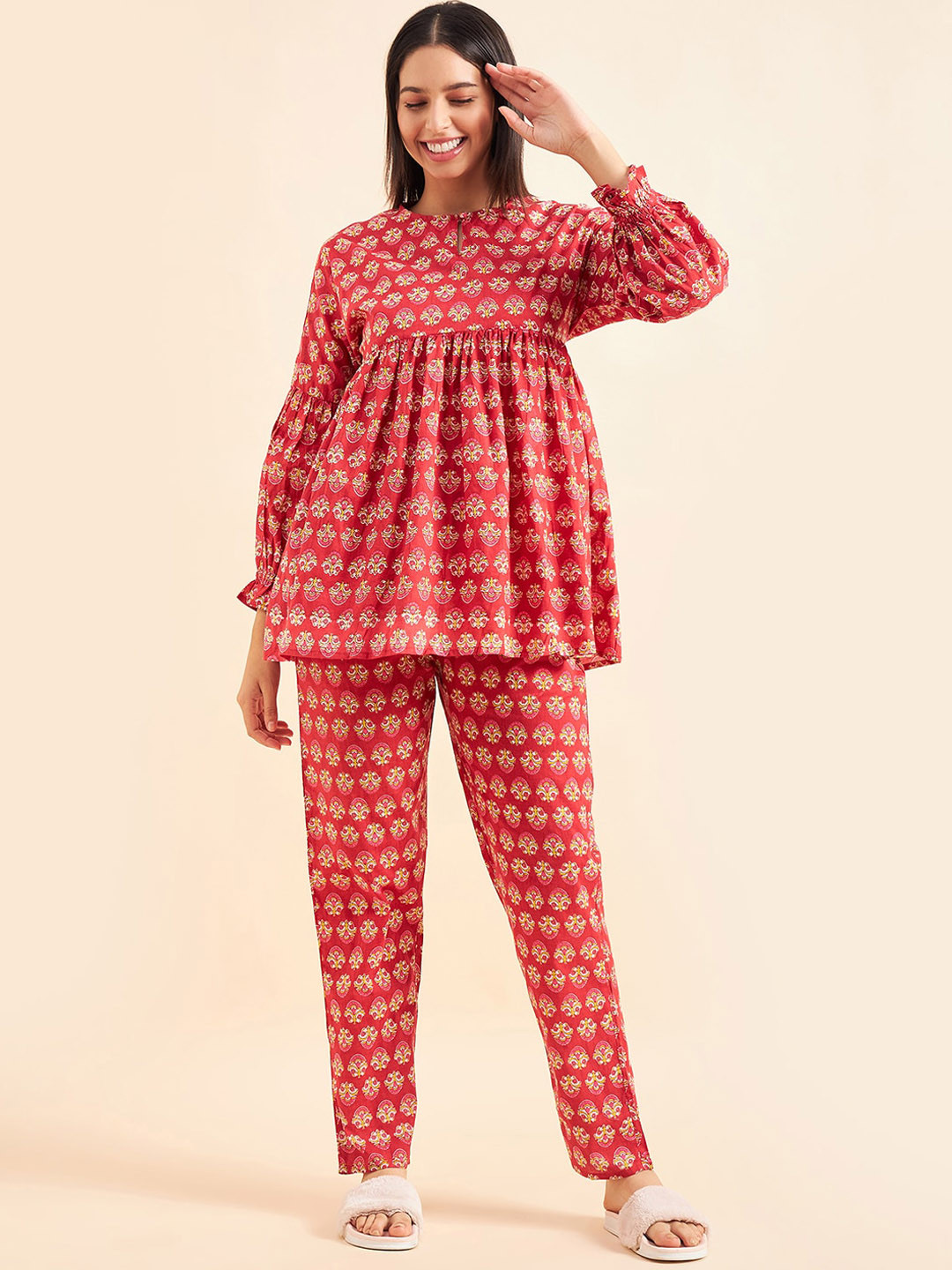 Sweet Dreams Red & White Printed Pure Cotton A-Line Top & Trousers