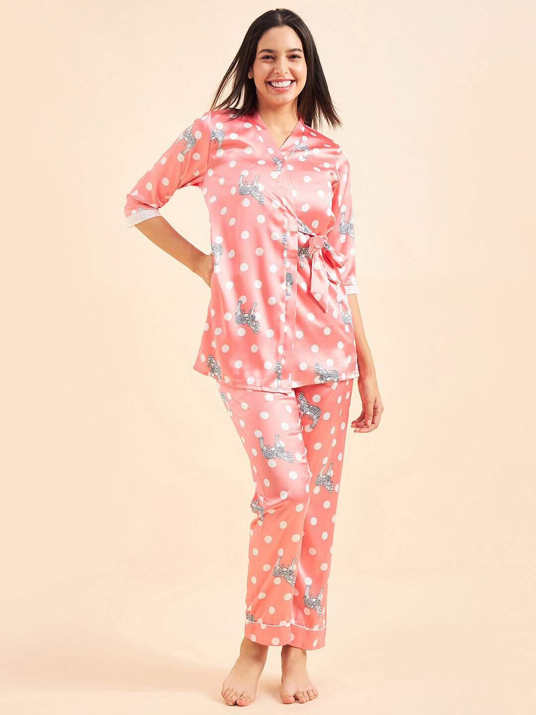 Sweet Dreams Peach Colored Polka Dot Printed Satin Night suits