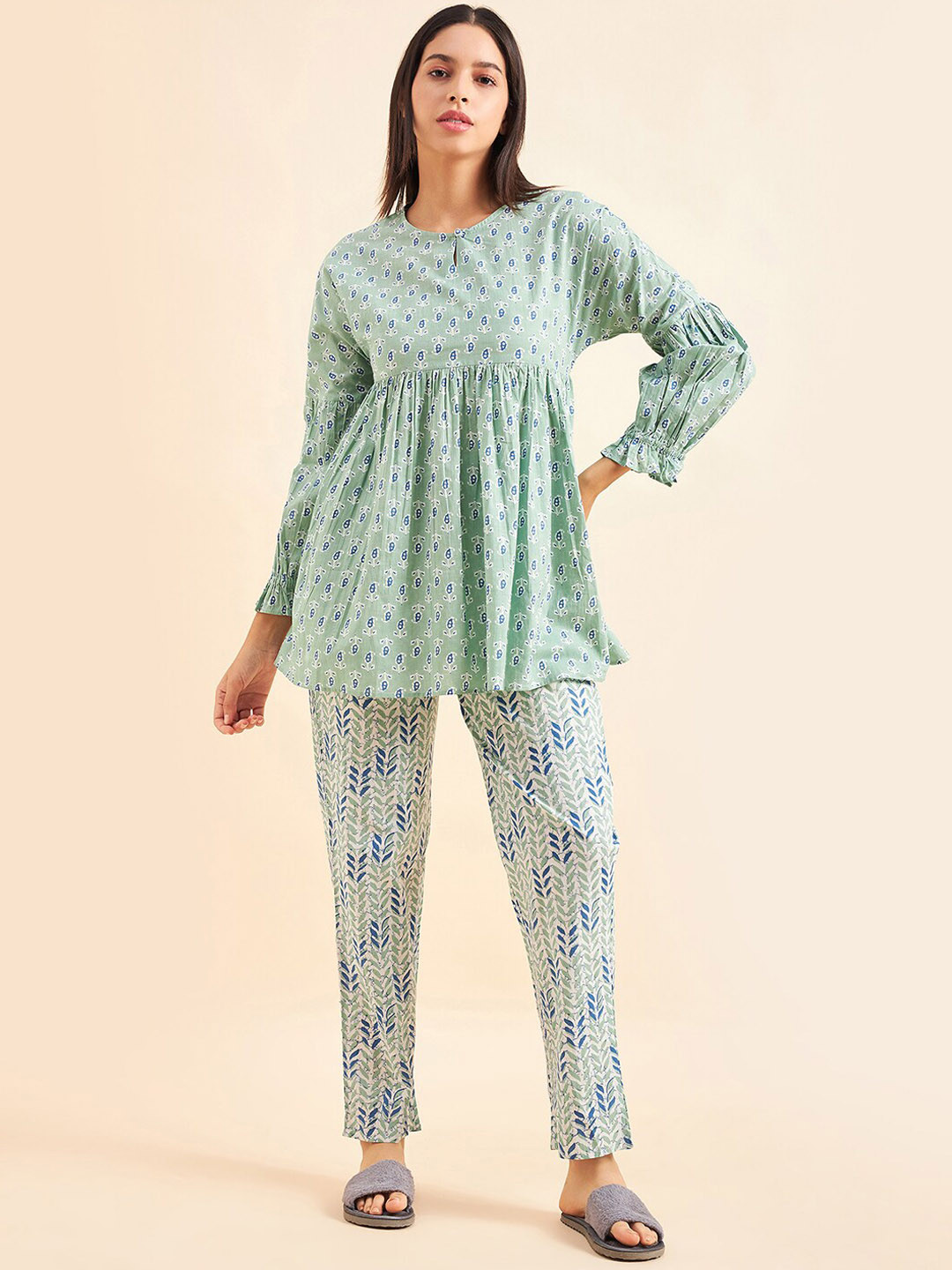 Sweet Dreams Sea Green & Blue Printed Pure Cotton A-Line Top & Trousers
