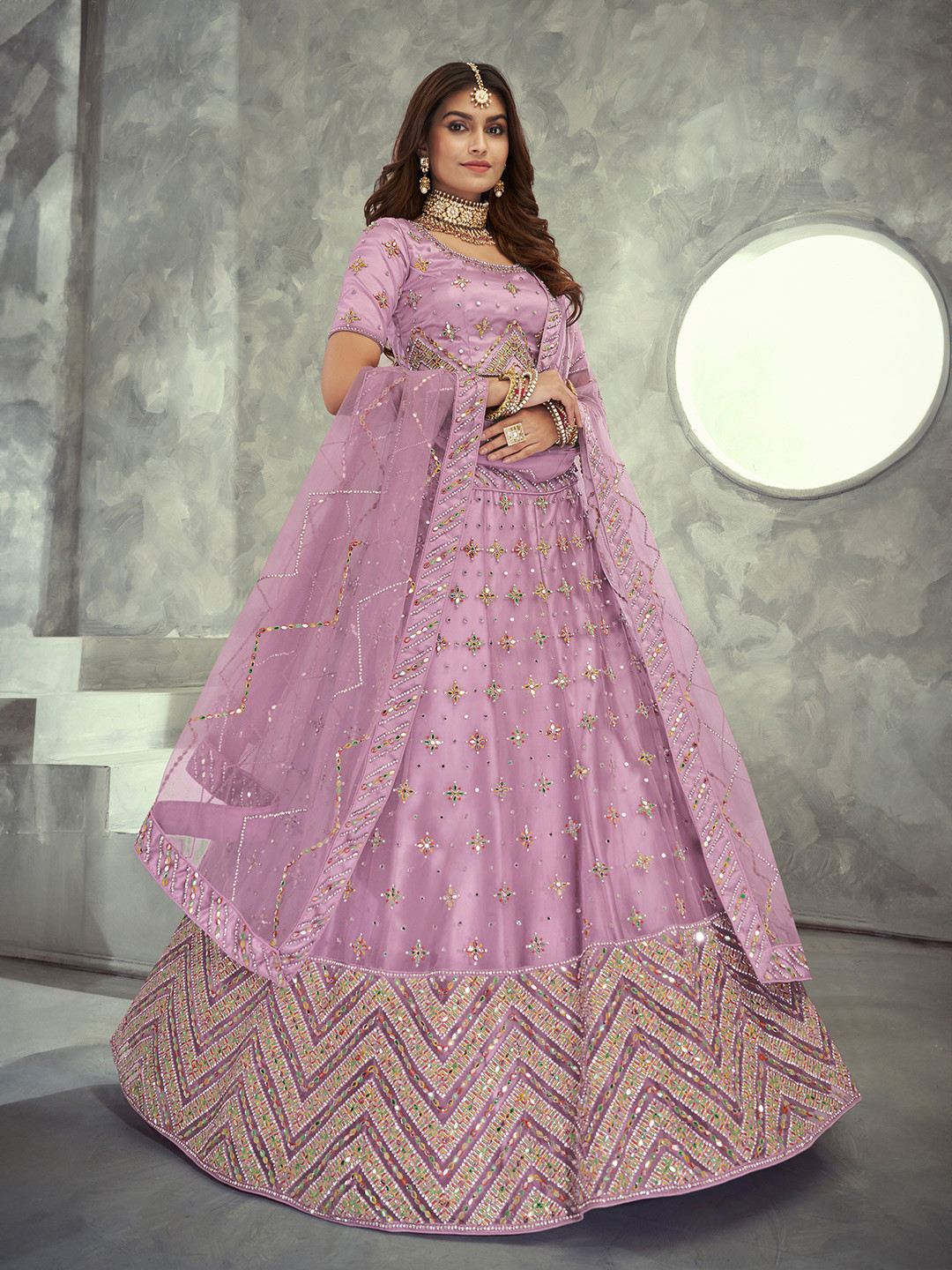 Fusionic Lavender & Gold-Toned Embroidered Semi-Stitched Lehenga & Unstitched Blouse With