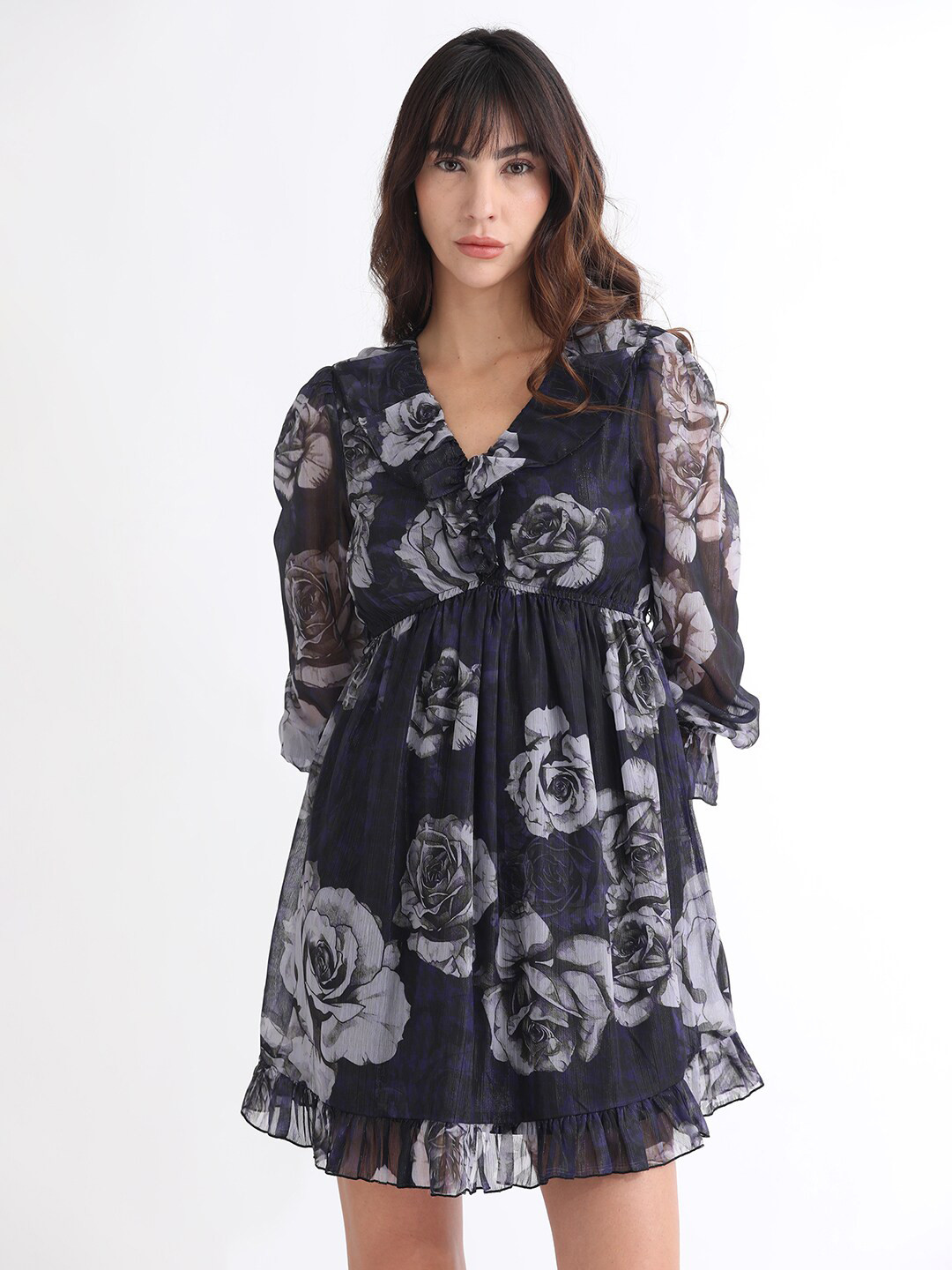 RAREISM Floral Printed V-Neck Sheer Floral Ruffled Mini Dress