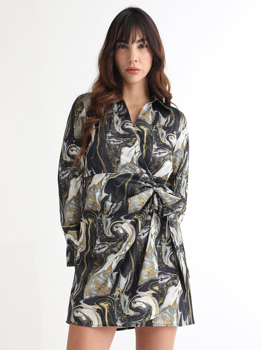 RAREISM Abstract Printed Shirt Collar Cuffed Sleeves Wrap Mini Dress