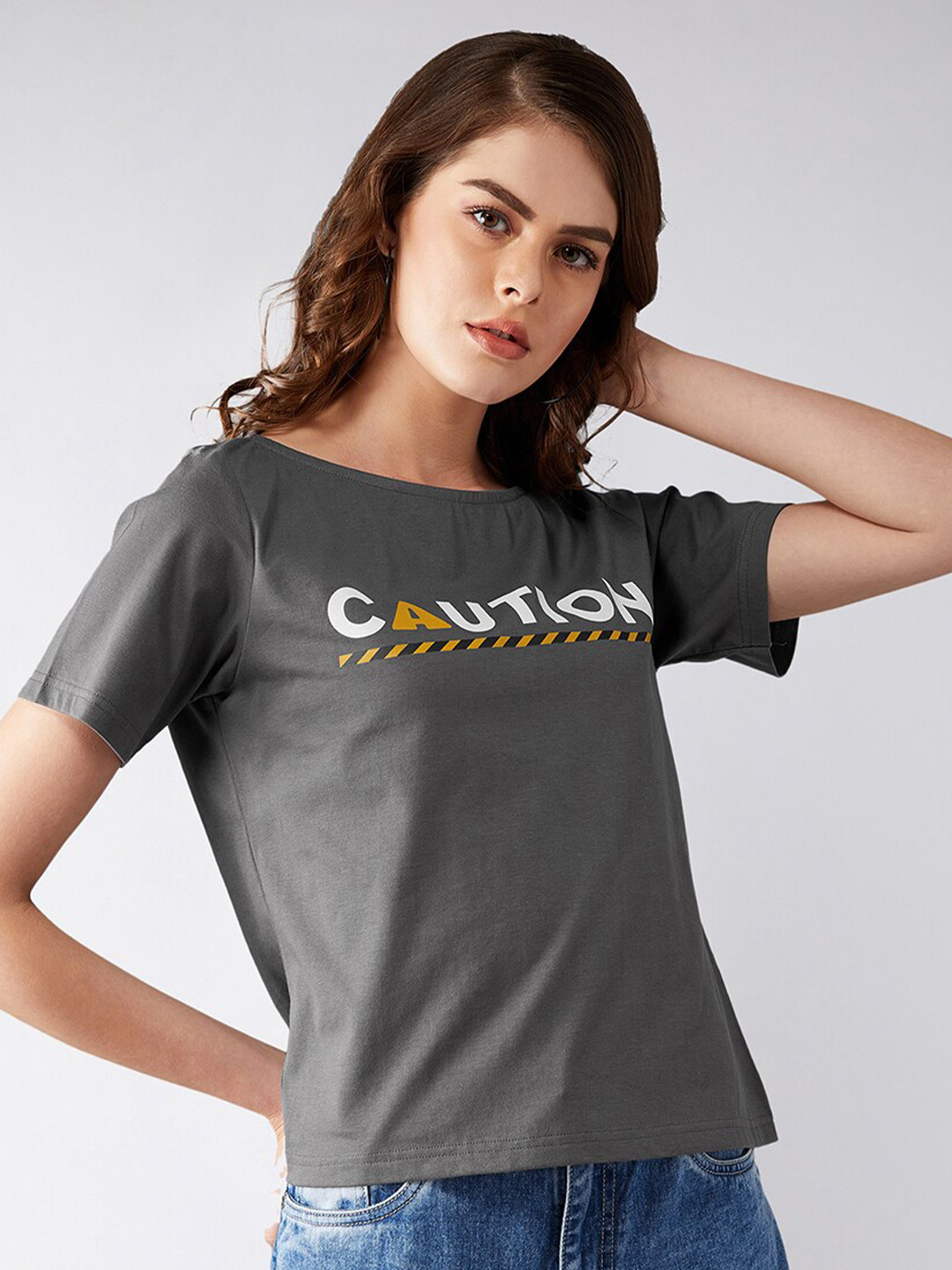 Grey Typography Printed Boat Neck Crop T-Shirt