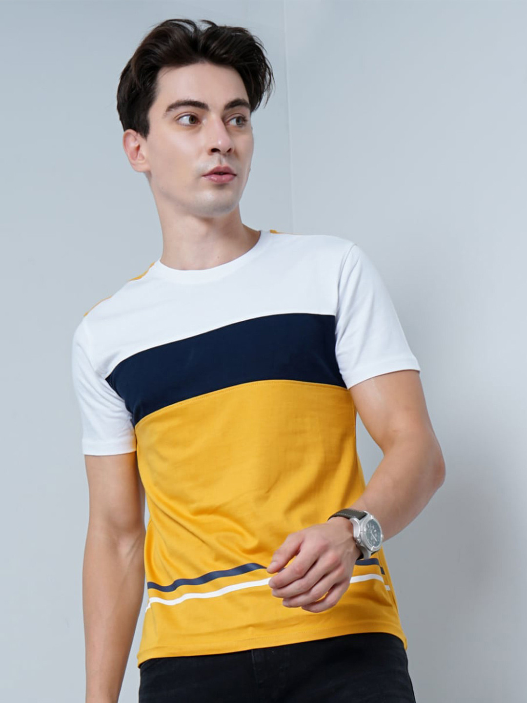 PAUL STREET Colourblocked Bio Finish Slim Fit Pure Cotton T-shirt