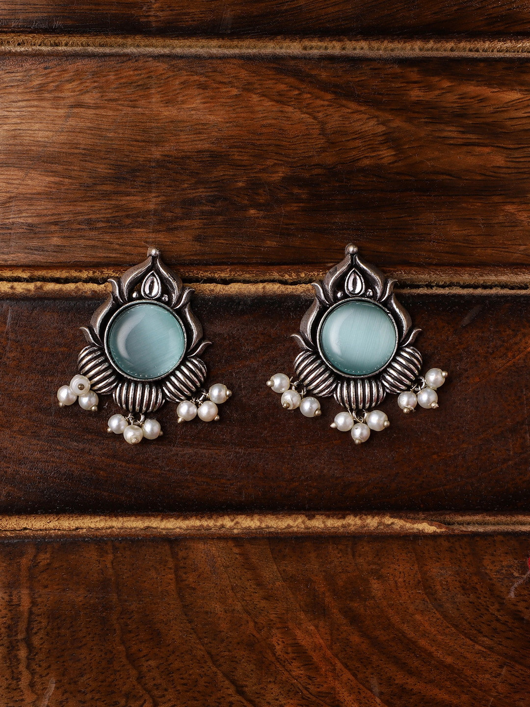 VENI Silver-Plated Contemporary Oxidised Studs Earrings