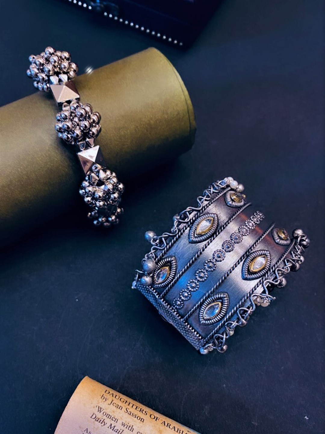 ATIBELLE Set Of 2 Silver-plated & Peacock Kundan Bangles