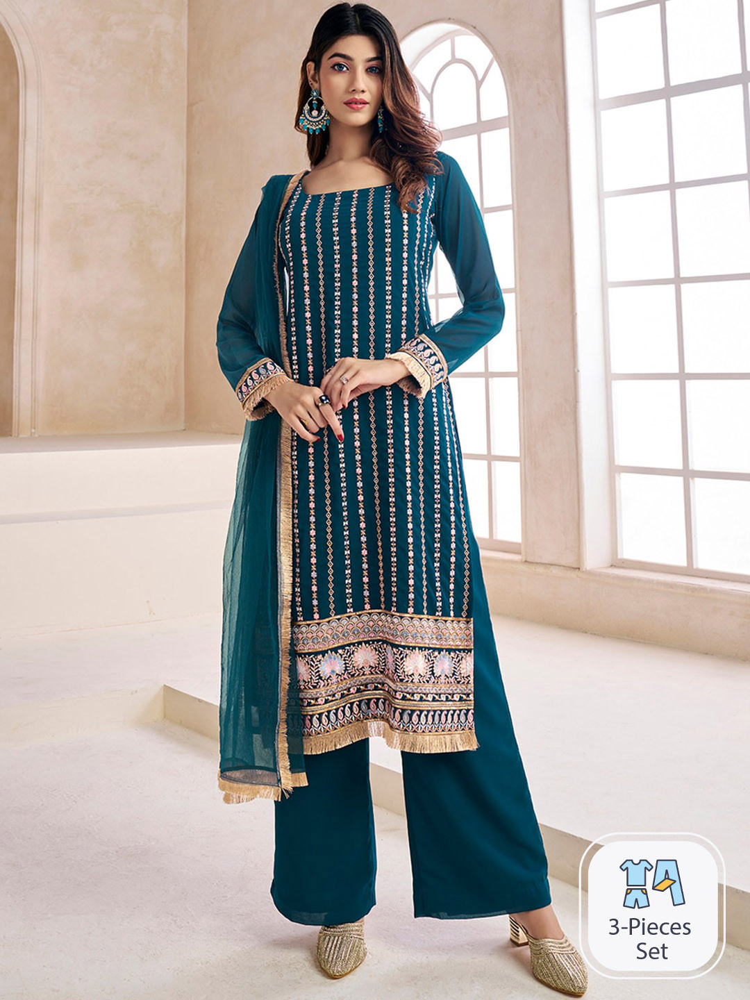 Inddus Teal Striped Embroidered Beads & Stones Straight Kurta & Palazzos With Dupatta