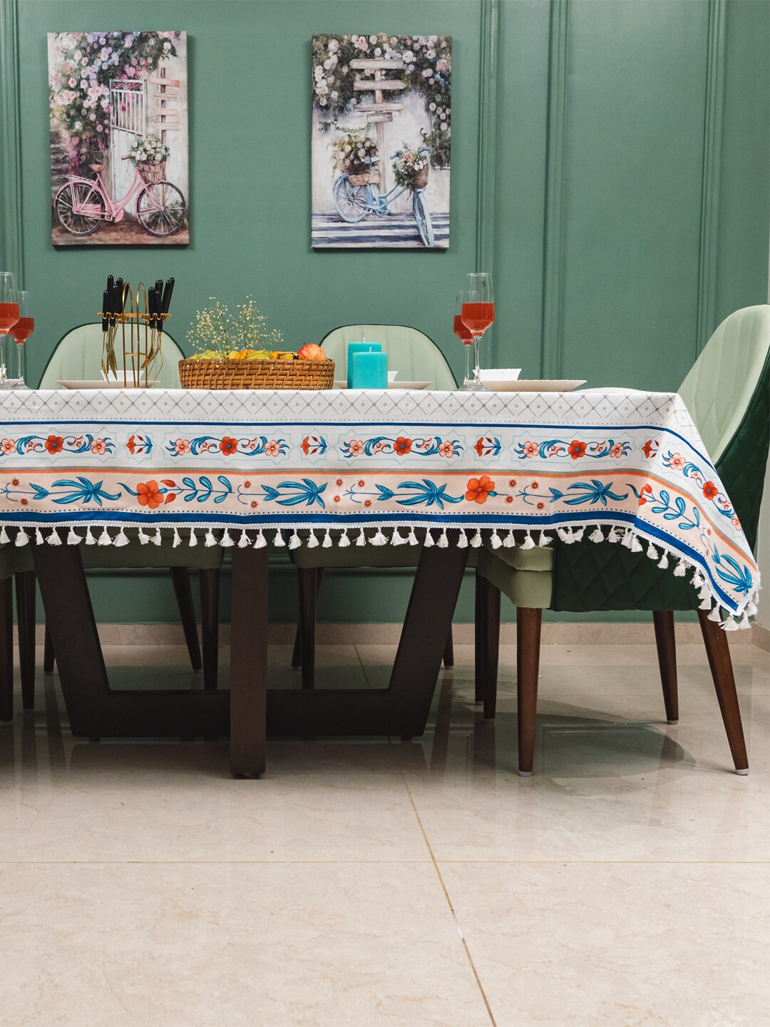 URBAN SPACE Peach-Coloured & White Floral Printed Pure Cotton 6-Seater Table Covers